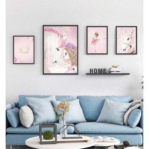Posters And Prints Wall Pictures Kids Room Decor Cartoon Girl Unicorn Swan Horse Flower Crown Wall Art Canvas Painting Nordic