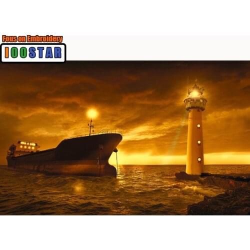 Full Square Diamond embroidery Cross stitch Sunset scenery Full Round Diamond mosaic lighthouse DIY Diamond painting sailboat