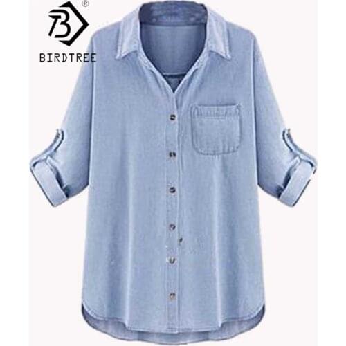 Plus Size XXXXXL 5XL-XL Woman Denim Blouses 2019 Feminine Blusa Jeans High Street Style Pocket Jean Shirt Vetement Femme T64601R