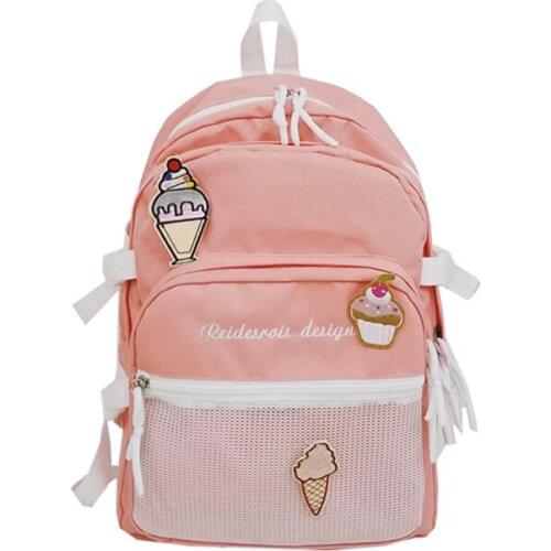 Letters Embroidery Backpack Girls High Capacity School Book Bag Ice Cream Applique Mesh Trave Bag