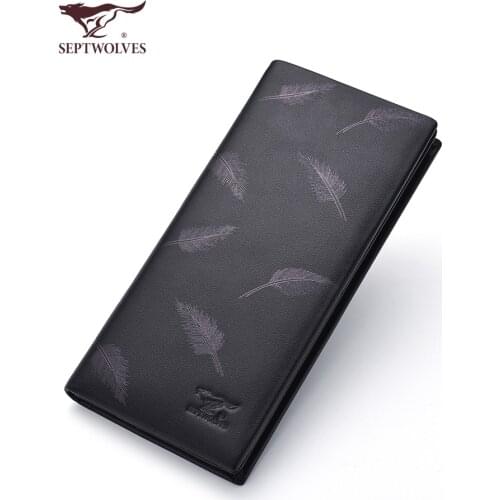 Septwolves Luxury Brand Men Wallets Long Genuine Leather Slim Card Holder Purse Zipper Wallet