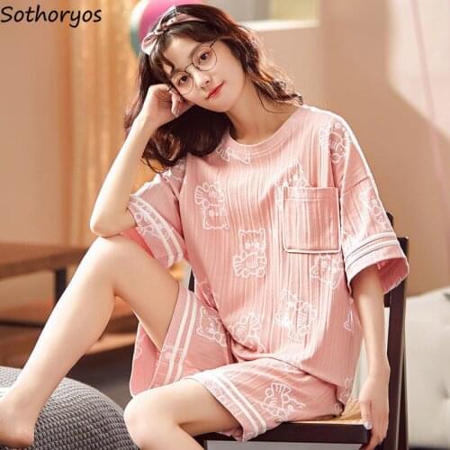 Sweet Pamaja Sets Women Printed Cartoon Pattern Loose Chic Cute Plus Size M-3XL Sleepwear Summer Teens Ruffle Korean Trendy Chic