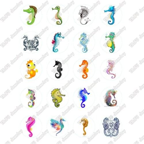 40pcs/lot 10mm 12mm 14mm 16mm Round Cartoon Seahorse Pattern Glass Cabochon for DIY Jewelry Making Findings & Components T049