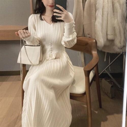 Knitted Dress Women Casual Long Sleeve Vintage Elegant Office Sweater Dress Female 2020 Winter One-piece Dress Korean Outerwear