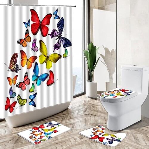 Butterfly Shower Curtain Abstract Colorful Animal Love Floral Art Home Decor Bath Mat Toilet Cover Flannel Bathroom Carpet Set