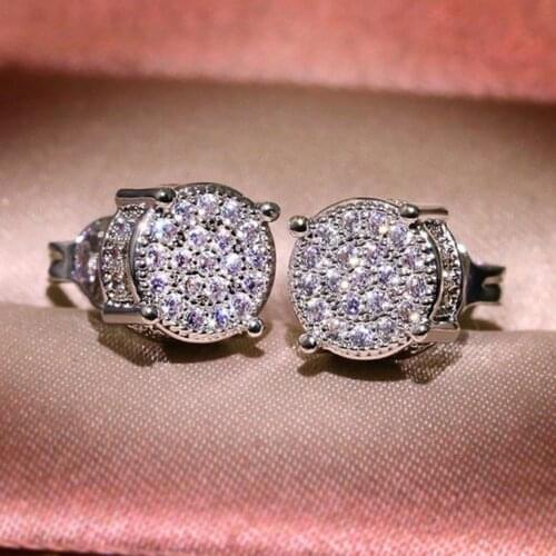 Ekopdee Vintage Round Cut Cubic Zircon Stud Earrings For Women Fashion Geometric Small CZ Crystal Earring Female Wedding Jewelry