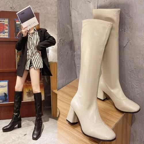 2021 Winter Long tube modern boots female chunky high heels shoes slim knee-high botas sewing square toe knight riding botines