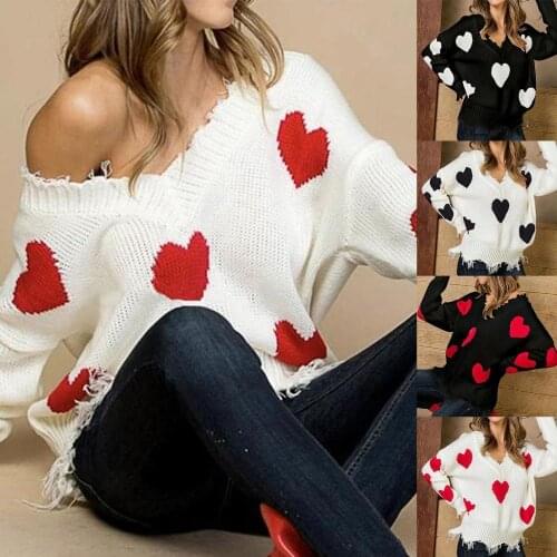 Women Loose Long Sleeve V Neck Knit Pullover Sweater Heart Patch Jumper Tops