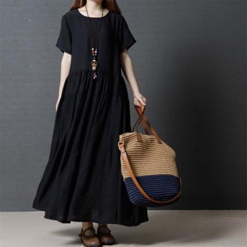 2020 women loose cotton and line dress short sleeves o-neck vintage comfortable solid dress vestido plus size women dress M-7XL