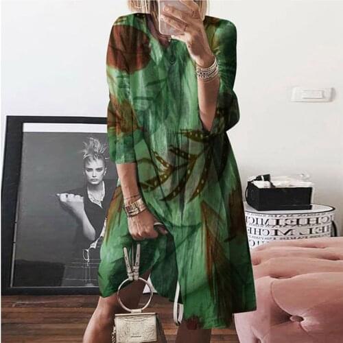 2021 Women Fashion Summer Casual Dress Comfortable Round Neck Leaf Print Wrist Sleeve Dress High Quality Knee Length Dress