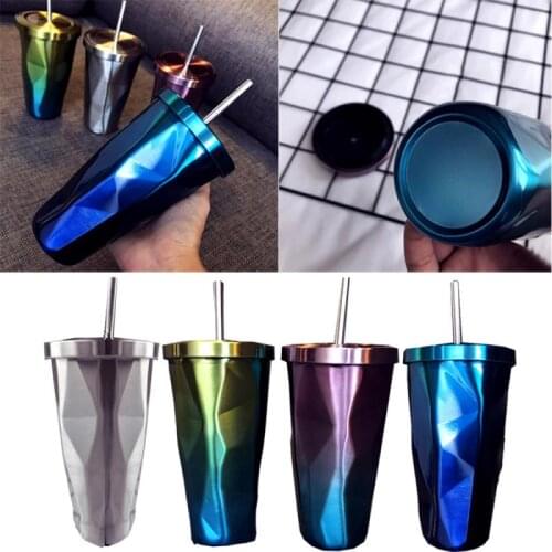 1Pc 500ml Rhombus Double Layer Thermos Cup 304 Stainless Steel Straw Cup Gradient Shaped Vacuum Coffee Mug With Straw
