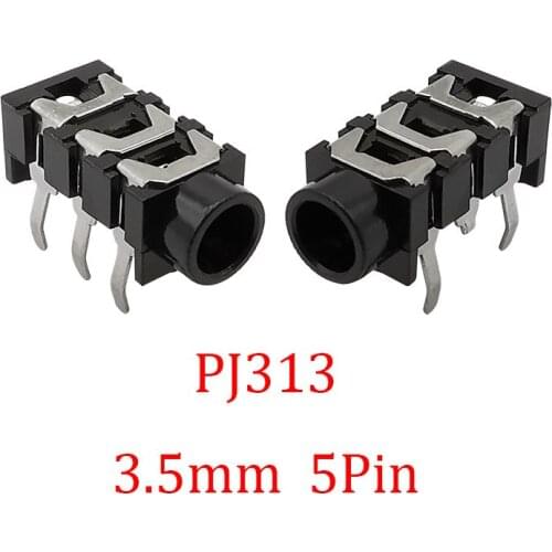 10Pcs/Lot PJ-313 Stereo Headphone Sockets Connector Black PJ 313 3.5mm 5 Pin Earphone Female Jacks 3 Section DIY Audio Adapter