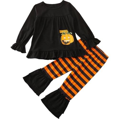 2Pcs Baby Girls Halloween Outfits Set Pumpkin Letter Print Long Sleeve Round Neck Ruffle Pullover Striped Pants Kids Toddler New