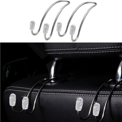 2 Pcs Car Headrest Hangers Bling Diamond Universal Seat Back Organizer Hooks Bag Rack Durable Auto Backseat Storage Hooks