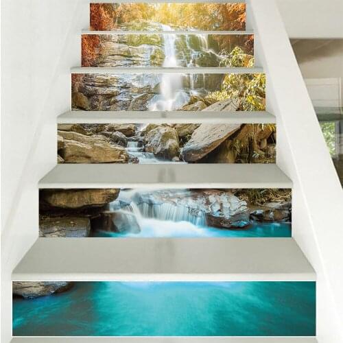 6/13pcs Mountains and Rivers Waterfall Stairway Wall Sticker Stairs Step Floor Decoration Wallpaper Peel & Stick Vinly Art Mural