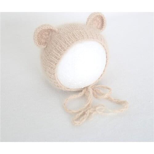 Angora Newborn Photo Prop Bear Hat Knitted Baby Bonnet Vintage New born Animal Bonnet Baby Birthday Gift Ready to Ship