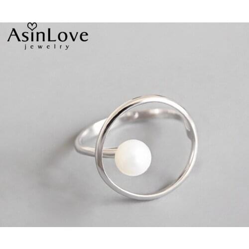 AsinLove 925 Sterling Silver Geometric Finger Rings Shell Pearls Bead Lady Shining Wedding Ring Minimalist Elegant Fine Jewelry