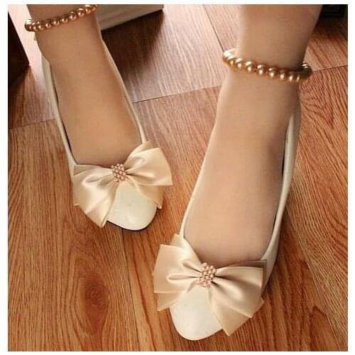 5CM middle heel champagne satin butterfly-knot wedding party pumps shoes woman handmade plus size wedding shoes bridal