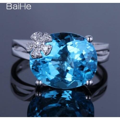 BAIHE Solid 14K White Gold 7.9CT Oval Natural Dark Blue Topaz Flawless Wedding Women Trendy Fine Jewely Sweet Blue Topaz Ring