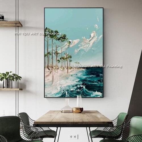 Large Size Green Tree Blue Sky And Ocean Beach Seascape 100% Handmade Painting Modern Seascape Spray Painting Home Decoration