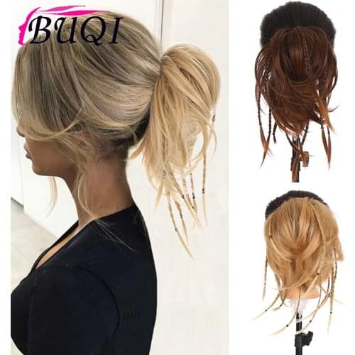 BUQI Synthetic Hair Bun Straight Donut Chignon With Braids Elastic Messy Scrunchies Wrap For Ponytail Extension For Women