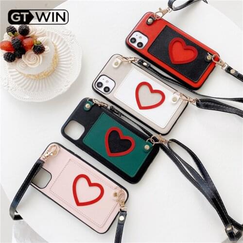 Love Heart Lanyard Wallets Phone Case For iPhone 11 12 Pro Max SE 2020 X XR XS Max 7 8 Plus cases Card Strap Holder Back Cover