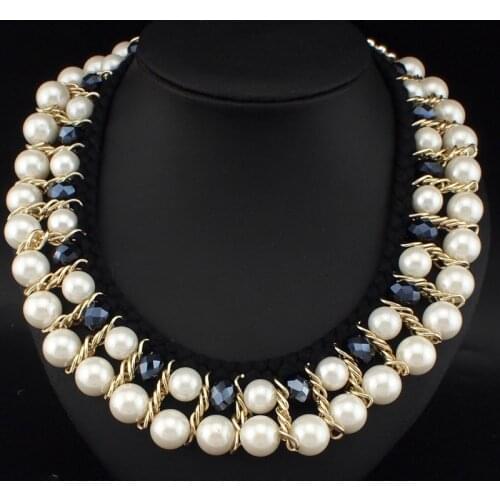 UKEN Designer Jewelry Fashion Gold Color Chain Twined Double Layer Imitation Pearl Beads Bib Choker Necklaces For Women N3118