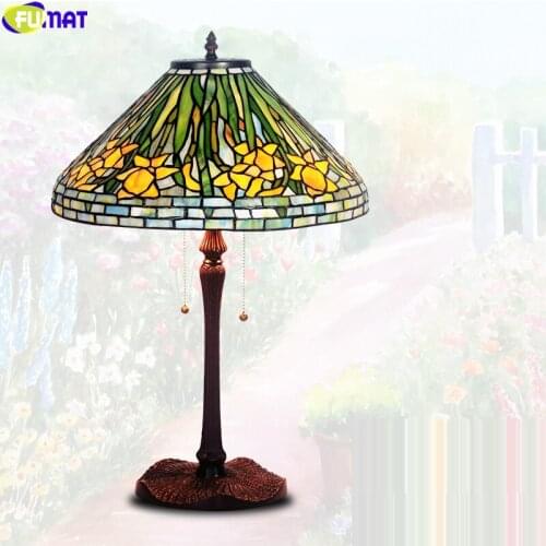 FUMAT Tiffany Style Garden Orchard Poppy Daisy Kapok Stained Glass Table Lamp Classical Desk Light Home Deco Art Lighting 16Inch