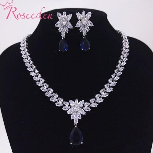 Zircons Luxury Silver Color Royal CZ Stone Wedding Necklace Earrings Jewelry Sets Bridal Dress Accessories RE4166