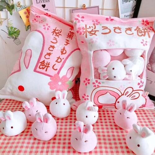 A bag of rabbit pudding plush toys simulation snack throw pillow kawaii pink sakura rabbit plush creative toys for children/her