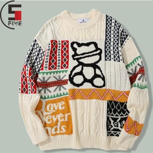 Hip Hop Little Bear Print Patchwork Knitted Sweaters Mens Harajuku Fashion Streetwear Long Sleeve Sweater Winter Retro Pullover