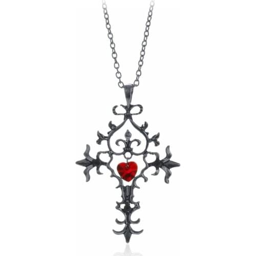 The Diaries Damon Necklace Cross Red Heart Crystal Pendant Vintage Baroque Gothic Punk Hot Movie Jewelry Men Women Choker