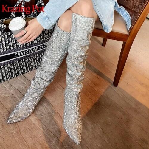 Krazing pot pointed toe slip on keep warm full of diamond extreme high hoof heel pleated decoration luxury knee-high boots l19