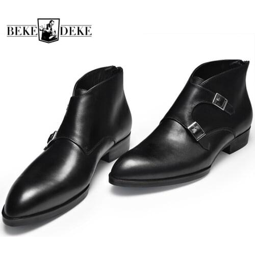 Autumn Winter Luxury Mens Genuine Leather Chelsea Boots Fashion Buckle Pointed Toe Business Casual Dress Shoes Men Ankle Boots