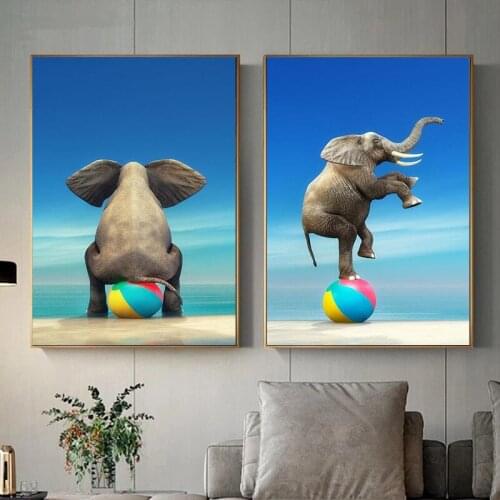Elephant Standing and Sitting on The Ball Modern Poster and Wall Art Canvas Painting Cuadros Home Design Decoration Picture