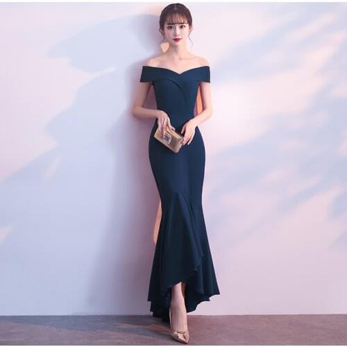 Navy Blue Women Slash Neck Mermaid Party Dress Backless Costume Dress Evening Prom Short Sleeve Gown Vestido XS-XXL