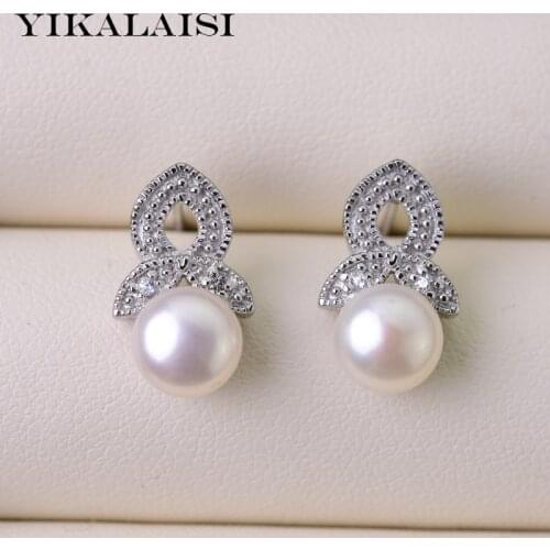 YIKALAISI 925 Sterling silver natural freshwater pearl earrings jewelry for women 7-8mm pearl size 6 color