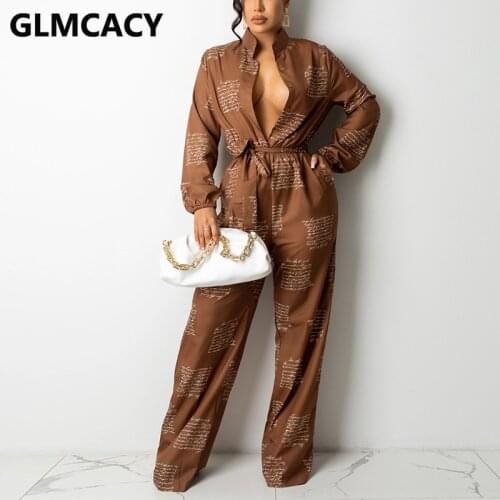 Women Long Sleeve Letter Printed Shirt Jumpsuit Elegant Regular Casual Overalls