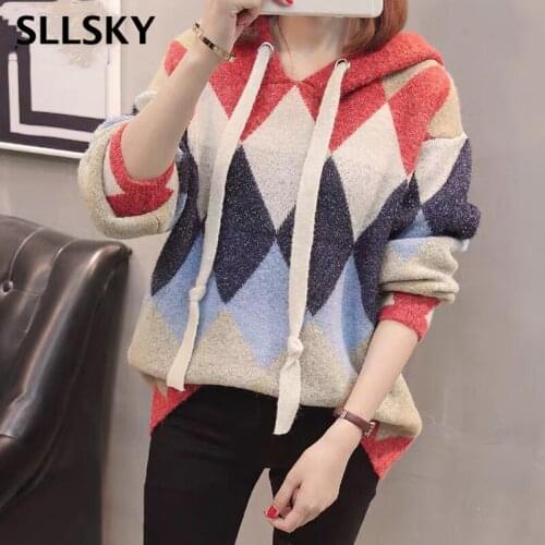 Sllsky Women Argyle Patchwork Hooded Pullover Sweater Casual Lace up Loose Sweater Basic Chic Autumn New Soft Knitted Coat