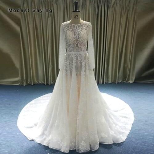 Sexy Backless Sheer Ivory A Line Sparkle Lace Wedding Dresses 2019 Formal Women Long Sleeves Bridal Gowns with Champagne Lining