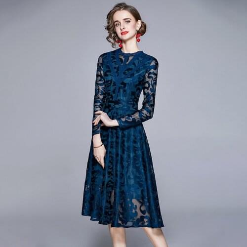 Floral Lace Midi Dress Women O-Neck Long Sleeve Vintage Casual Summer Dress Office Lady Mesh Party Dress Zipper Runway 2021 B935