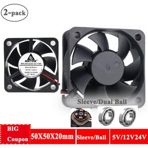 2pcs Gdstime 50x20mm 5V/12V/24V CPU Computer Cooler Fan 50mm For 3D Printer 2-pin 5020 Cooling Exhaust