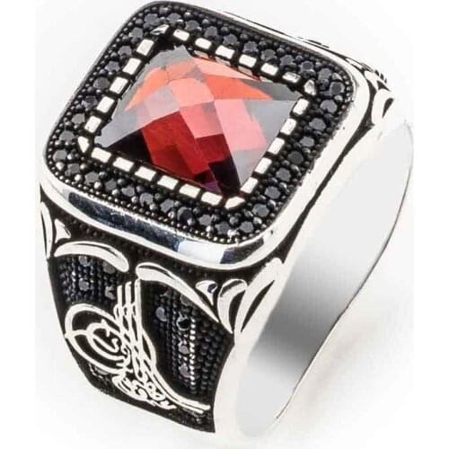 925 sterling Silver Red Zircon Stone Tuğra detailed Male Ring