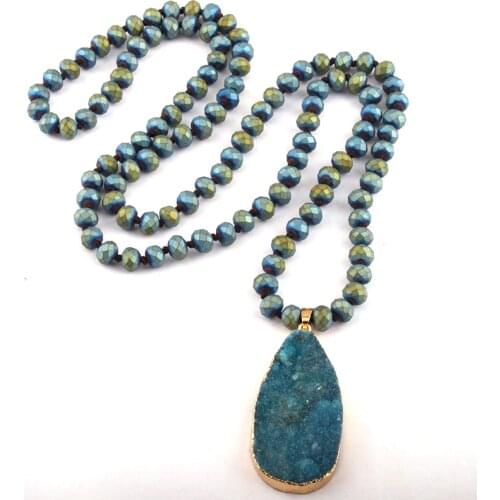 Free Shipping Bohemian Tribal Jewelry long Knotted Frosted Crystal Glass Bead Druzy Drop Pendant Necklaces