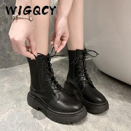 Lace-Up Ankle Boots Thicken Non-slip Women Boots Girl Leather Shoes Boots Women Botas Mujer Elastic Band Patent Leather Shoes