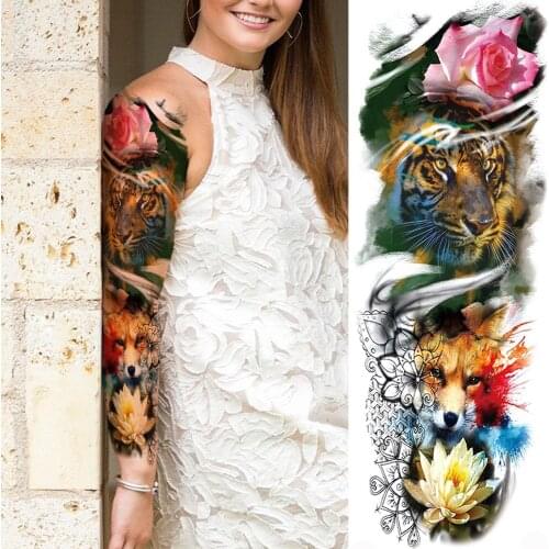 Color Tiger Flower Temporary Tattoos For Men Women Adult Body Art Full Arm Sleeve Fox Tatoo Water Transfer Fake Tattoo Stickers