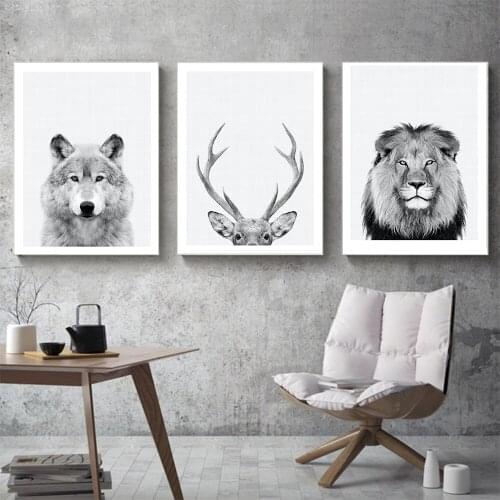 Black White Animals Canvas Painting Deer Lion and Bear Image Wall Art HD Pictures for Living Room Home Decor