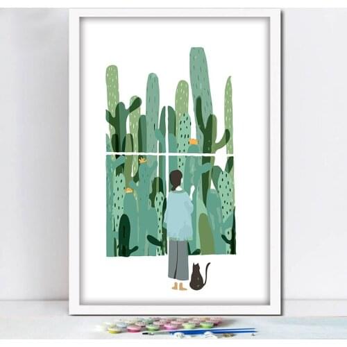 DIY Paint by Numbers Cactus Girl and Cat Summer Wall Art Craft Decorative