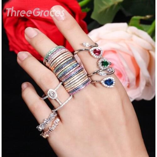 ThreeGraces Hot Selling Women Engagement Dancing Party Geometry Finger Ring AAA Cubic Zirconia Femme Exquisite Rings Set RG084