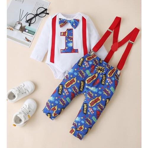 TELOTUNY Newborn Baby Girl Boy Long sleeve Cartoon Bowtie Romper Suspender Pants One year old Birthday Party Outfits Set